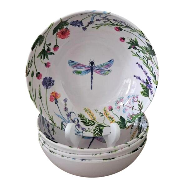 4pc Rachel Ashwell Farmhouse Melamine Spring Floral DRAGONFLY Melamine Bowls New - Picture 2 of 7